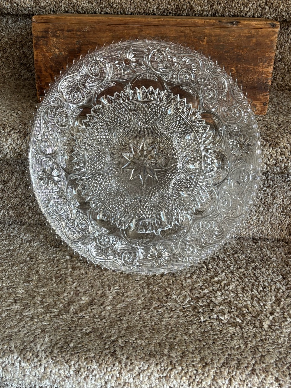 Clear Pressed Glass Serving Plate with Star & Floral Pattern